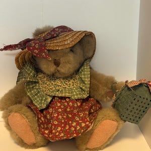 vintage russ berrie whitley teddy bear country girl plush seven inch stuffed bear floral dress straw hat collectible toy gift