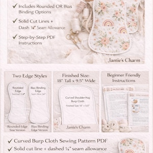 Op de afbeelding: Een PDF-naaipatroon voor een gebogen spuugdoek. Het patroon bevat afgeronde of schuine bindingsopties, effen snijlijnen en stapsgewijze instructies. Afmeting: 45,7 cm hoog bij 24,1 cm breed. Met bloemen- en regenboogpatroon.