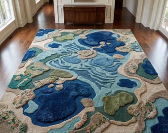 Tappeto con motivo costiero aereo, in lana 3D trapuntata a mano, decorazione con paesaggio marino, isola oceanica, 9x12