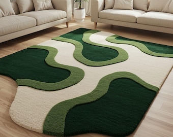 Green Wavy Abstract Area Rug 7X10 8X10 9X12 Modern Organic Shape Rug, Layered Minimalist Living Room Carpet, Contemporary Plush Floor Rug