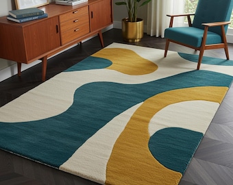 Alfombra moderna de mediados de siglo: alfombra abstracta en verde azulado y mostaza, alfombra con patrón curvo retro, decoración para sala de estar, alfombra artística moderna tejida a mano