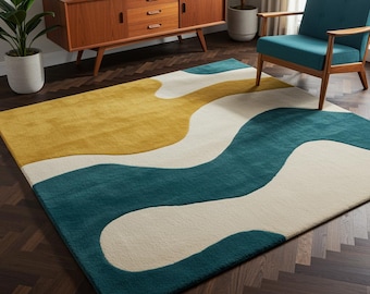Alfombra abstracta color mostaza y verde azulado, moderna, de mediados de siglo, con estampado ondulado, para sala de estar, suave, hecha a mano, estilo contemporáneo.