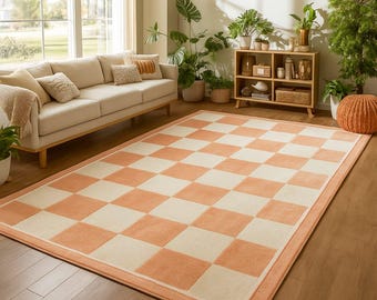 Tappeto a scacchi color pesca – Tappeto moderno in lana annodato a mano, tappeto minimalista color crema e pesca per il soggiorno, accogliente arredamento retrò per la casa
