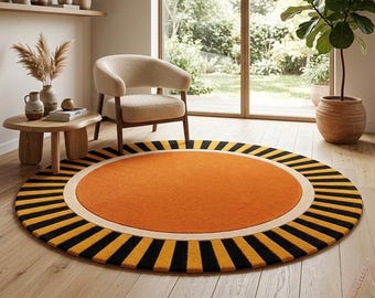 Tappeto Sunburst / Tappeto in lana arancione retrò con cerchi trapuntati a mano / Tappeto giallo e nero stile Mid-Century Space Age per un accogliente angolo lettura, dimensioni personalizzate