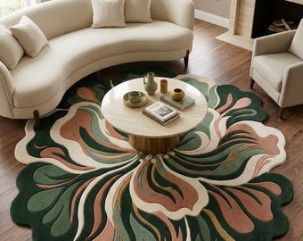 Tappeto a forma di fiore / Tappeto con medaglione floreale trapuntato a mano / Tappeto con peonie verdi per camera da letto/cameretta in stile cottagecore / Tappeto smerlato personalizzato