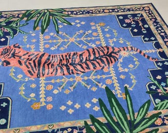 Tappeto fatto a mano con tigre - Tappeto giungla blu, tappeto artistico con motivo animale, design boho orientale per soggiorno, decorazione per la casa