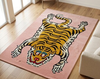 Tappeto tibetano con tigre, in lana 3D trapuntata a mano, rosa cipria, con pelliccia animale, ideale per arredamento eclettico e massimalista della camera da letto, disponibile nelle misure personalizzate 5x8, 6x9, 8x10 e 9x12.