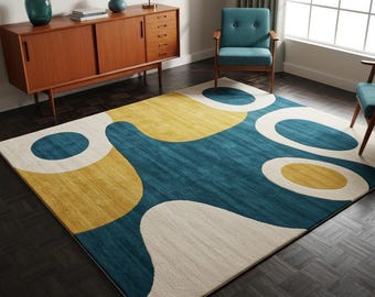 Tappeto astratto moderno blu giallo - Tappeto in stile Mid-Century, tappeto geometrico retrò, tappeto colorato fatto a mano per soggiorno, arredamento su misura