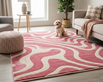 Tappeto astratto rosa con motivo ondulato - Tappeto moderno ed estetico, morbido tappeto trapuntato per soggiorno, arredamento per la casa rosa pastello, tappeto di dimensioni personalizzate