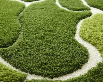 Tappeto verde muschio, tappeto ispirato alla natura, tappeto dalle forme organiche astratte, tappeto biofilico per l'arredamento di casa, tappeto verde moderno, tappeto per soggiorno