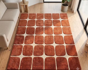 Terracotta Tile Block Hand Tufted Rug, 3D Carved Cobblestone Wool Area Rug, Burnt Orange Cream Boho Living Room Decor, Custom Handmade