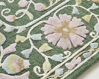 Tappeto floreale verde vintage 7X10 8X10 tappeto in lana annodato a mano / tappeto con design botanico / arredamento per la casa Cottagecore / tappeto floreale di dimensioni personalizzate