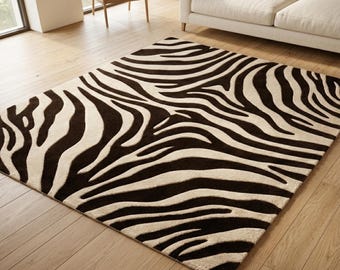 Tappeto con stampa zebrata / Tappeto in lana testurizzato bianco e nero, lavorato a mano / Tappeto con stampa animalier intagliata in 3D / Decorazione per la stanza a tema safari