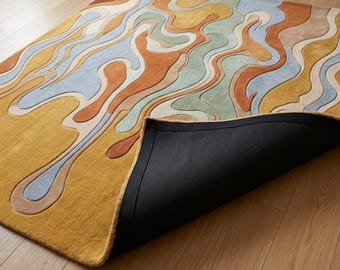 Melting Drip Hand Tufted Rug, 3D Carved Liquid Abstract Wool Area Rug, Mustard Yellow Retro Living Room Carpet, Custom Handmade