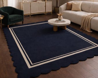 Tappeto in lana blu navy con bordo smerlato, tappeto moderno minimalista con bordo, tappeto di lusso fatto a mano per soggiorno