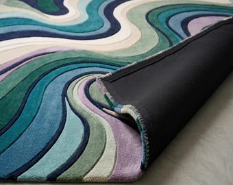 Tappeto moderno trapuntato a mano con motivo a onde, tappeto in lana con vortici astratti intagliati in 3D, tappeto contemporaneo per soggiorno nei colori verde acqua e blu, 5x8 8x10 su misura