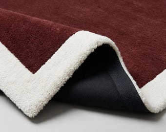 Tappeto marrone castagna / Tappeto con bordo color cioccolato trapuntato a mano / Tappeto bordeaux con cornice color crema per soggiorno / Arredamento per la casa dai toni naturali