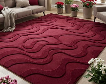 Tappeto rosso intagliato 3D 7X10 8X10 9X12 Tappeto moderno di lusso testurizzato / Tappeto fatto a mano con motivo ondulato per soggiorno / Tappeto per camera da letto di dimensioni personalizzate
