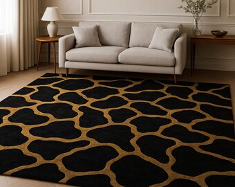 Modern Hand-Tufted Wool Rug | Black & Gold Abstract Area Carpet | Luxury Contemporary Living Room Rug | Custom Size Handmade Carpet