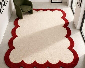 Tappeto in lana con bordo smerlato, moderno tappeto con bordo rosso crema, morbido tappeto trapuntato a mano, lussuoso tappeto contemporaneo per il soggiorno