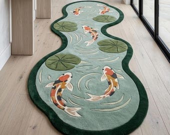 Tappeto con motivo di pesci koi / Tappeto in lana ondulato trapuntato a mano con motivo laghetto / Tappeto portafortuna per corridoio secondo i principi del Feng Shui / Tappeto verde ninfea giapponese, dimensioni personalizzate