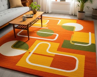 Tappeto geometrico retrò arancione 7x10 8x10 Tappeto in lana moderno di metà secolo, tappeto fatto a mano con forma astratta, tappeto colorato per soggiorno di dimensioni personalizzate