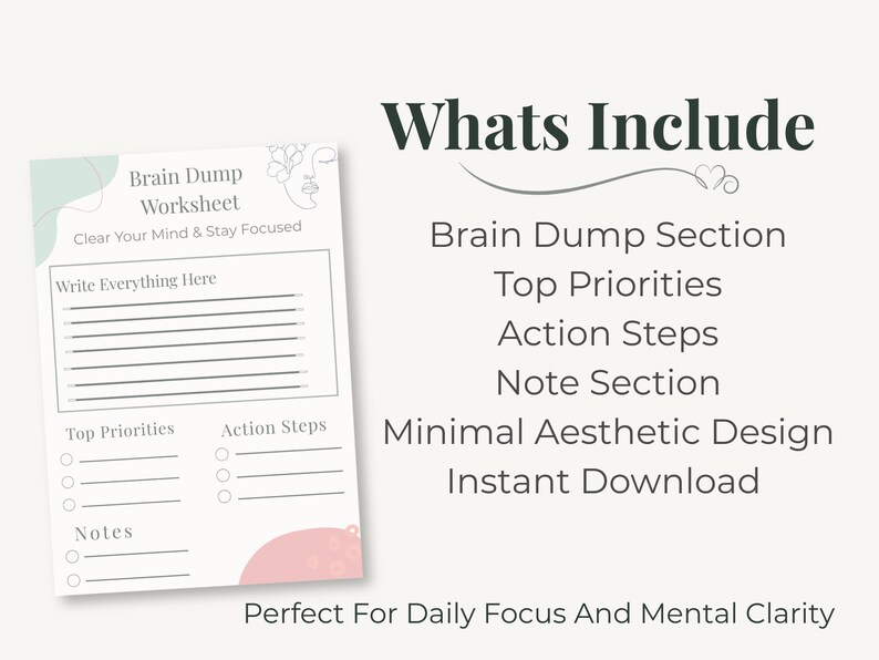 Brain Dump Worksheet Printable Minimalist Planner ADHD Focus Planner ...