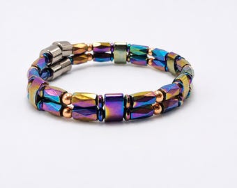 Unisex Hematite Anklet or Bracelet | Rainbow Hematite with Genuine Copper Accents | Custom Sizing | High-power Magnetic Clasp | 4 Options