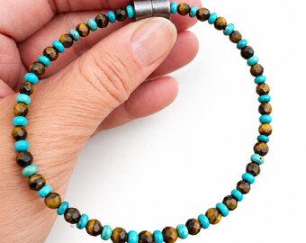 Tiger Eye Turquoise Beaded Anklet Bracelet | Magnetic Clasp, Unisex, Minimalist Style