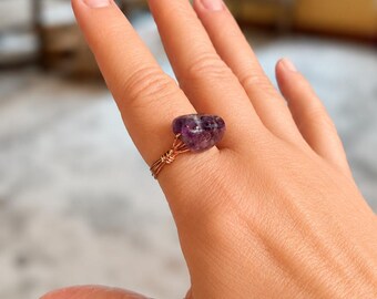 Hand Forged Copper Amethyst Nugget Ring: Rustic Boho Glam Jewelry