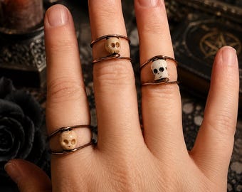 Miniature Carved Bone Skull Ring | Pure Copper Wire Wrapped Ring | Gothic Memento Mori Jewelry | Custom Size Gift