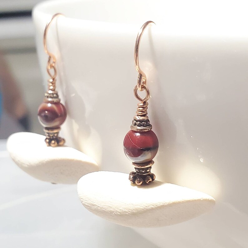 Ethnic BOHO Stick Earrings Earthy Design Copper Dangle Bleached Wood Petal Stick Beads Minimalist Red Stone Lightweight image 5