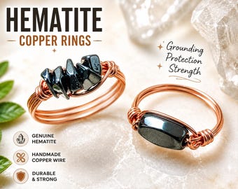 Handmade Hematite and Copper Wire Wrapped Ring | Custom Size Copper Ring | Boho Minimalist Gemstone Ring | Choose Your Design & Size