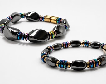 Magnetic Hematite Therapy Bracelet or Anklet | Rainbow Twist or Rainbow Oval | Custom Sized | Unisex Magnetic Jewelry