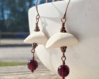 BOHO Bleached Wooden Petal Earrings with Ruby Spheres || Earthy Design || Copper || Dangles || Wood Stick Beads || Minimalist || Dangles