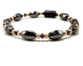 Magnetic Hematite Bracelet – High Power 4800 Gauss Pumpkin Ovals, Etched Copper Rounds, 4mm Faceted Magnetic Hematite, Magnetic Clasp