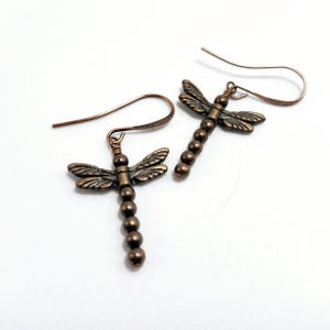 Handcrafted Rustic Copper Dragonfly Earrings with Antique Copper Bead Body & Patina Wings, Lightweight Jewelry on French Earwires