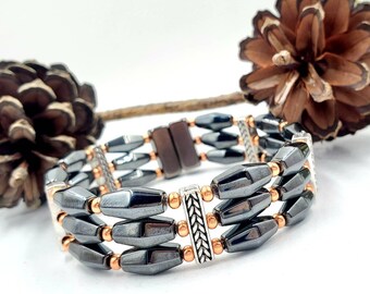 Magnetic Hematite Therapy Bracelet || Triple Strand || Triple Strength || Pewter and Genuine Copper Accents ||Alternative Pain Relief