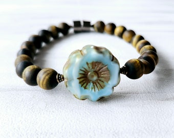 BLUE Flower and GOLDEN Tigers Eye Matte Finish Bracelet | Therapy Alternative Pain Relief | Wellness Health |Super Strong Magnetic Clasp