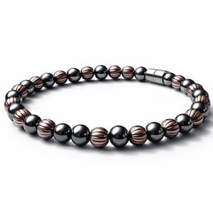 May include: A beaded bracelet featuring alternating dark gray and copper-colored beads. The bracelet has a magnetic clasp and is displayed on a white background. The beads are round and ribbed.