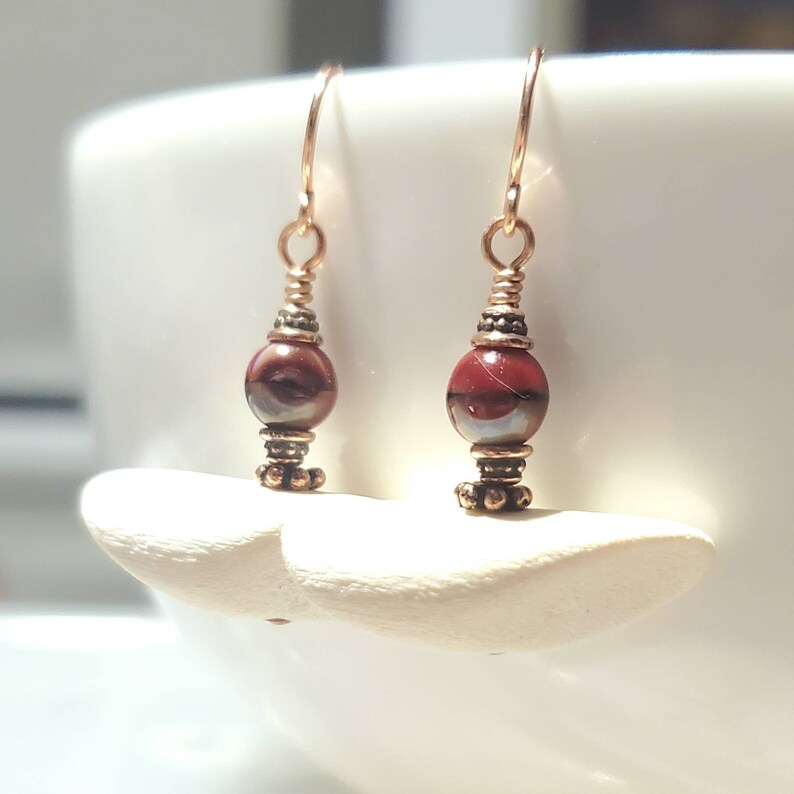 Ethnic BOHO Stick Earrings Earthy Design Copper Dangle Bleached Wood Petal Stick Beads Minimalist Red Stone Lightweight image 4