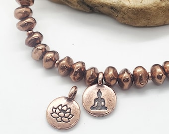 Rustic Copper Bracelet | Ethnic Copper Nugget Beads | Optional Lotus or Buddha Charm | Magnetic Clasp | Warm Tone Everyday Jewelry