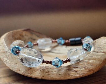 Crystal Quartz Clarity Bracelet – Faceted Oval AAA Rock Quartz, Copper Accent Beads, Magnetic Therapy Bracelet, Statement Crystal Jewelry