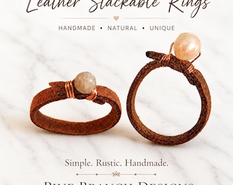 Leather Stackable Ring | Gemstone or Pearl Ring | Rustic Leather Band | Copper Wire Wrapped Ring | Minimalist Boho Jewelry | Gift for Her