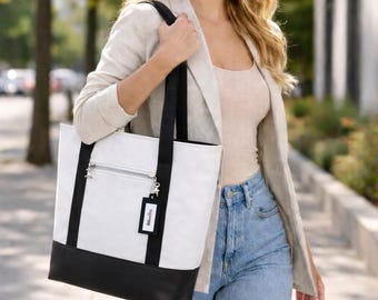 Personalized Faux Leather Tote Bag: Black & White Everyday Handbag