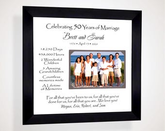 Puede incluir: Un marco negro que contiene una lámina con fondo blanco, el texto Celebrating 50 Years of Marriage, Brett and Sarah, 1976-2026, y una foto central de un grupo familiar en la playa. Incluye estadísticas y un mensaje personal.