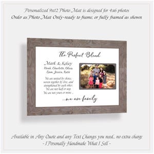 May include: A 9x12 inch photo mat with a rustic wood-toned frame containing a 4x6 inch photograph of a family. The mat features the text The Perfect Blend, names Mark, Kelsey, Noah, Charlotte, Olivia, Liam, Jessica, Katie, and a poem ending in we are family.
