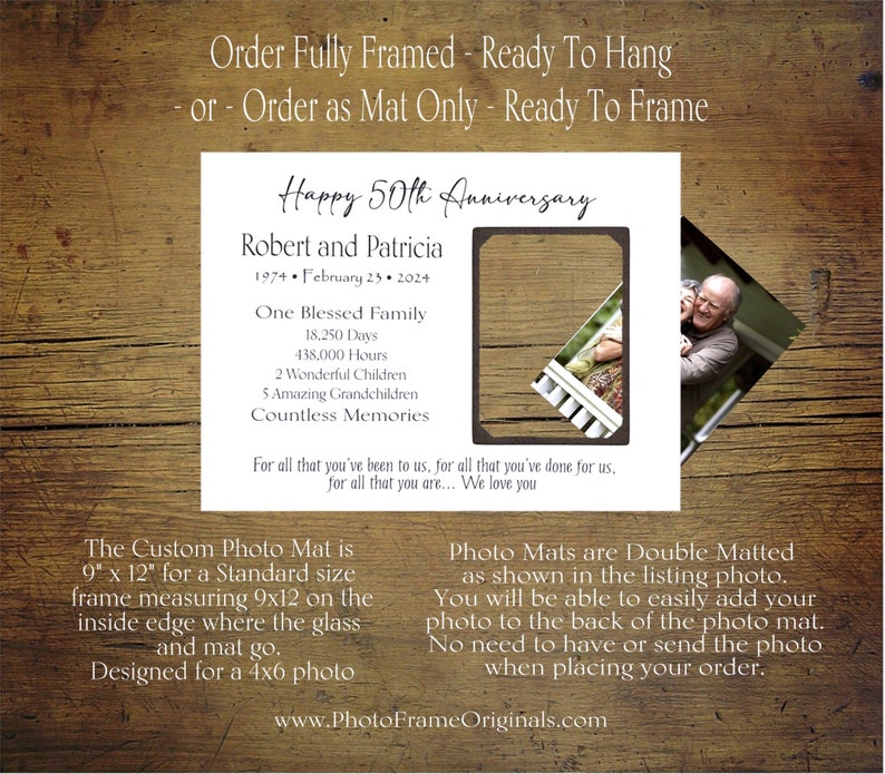 50th Anniversary Gifts for Parents, Personalized Anniversary Photo Frame, 60th Anniversary Gifts for Parents, Custom 9x12 Photo Mats image 3