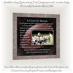 May include: Framed print featuring "A Coach's Prayer" with a football graphic and a team photo. The text includes a prayer and the words "2024 FARMERSVILLE LIONS." The frame is a light brown color.