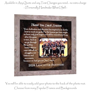 May include: A framed wall art piece featuring a basketball background with a central photo of a youth basketball team. The text reads Thank You Coach Scratton, followed by a message of appreciation and the text 2024 LANCASTER PANTHERS.